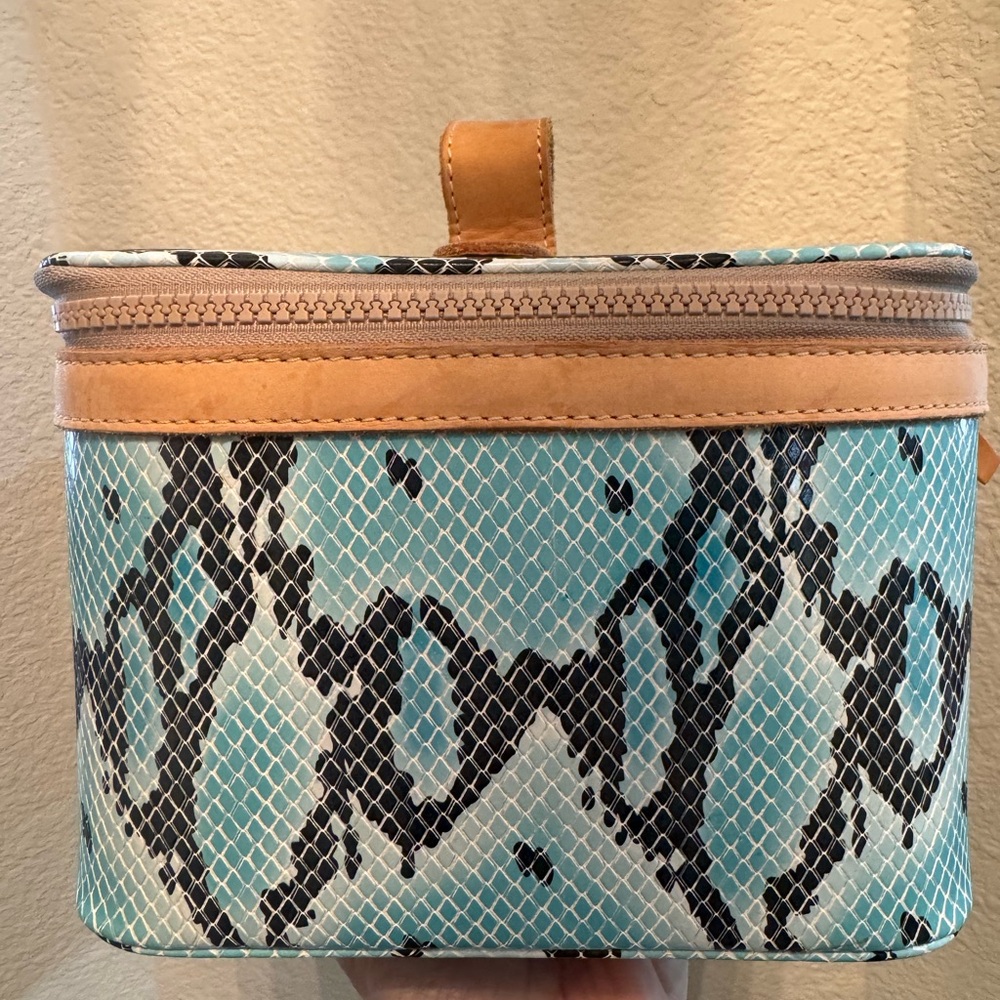 Consuela Snake-Print Blue Train Case with Tan Leather Trim - Picture 3 of 6